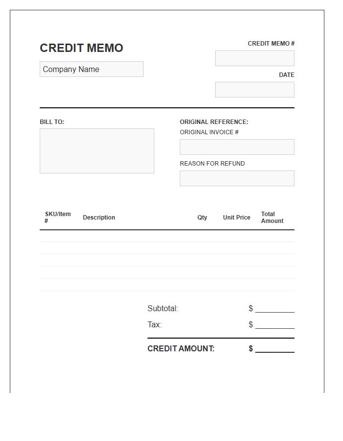Commercial Credit Memo Refund Invoice Template