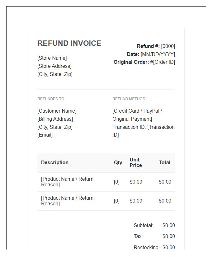 E-commerce Customer Refund Invoice Template
