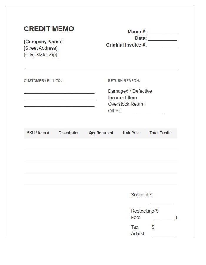 Inventory Return Credit Memo Invoice Template