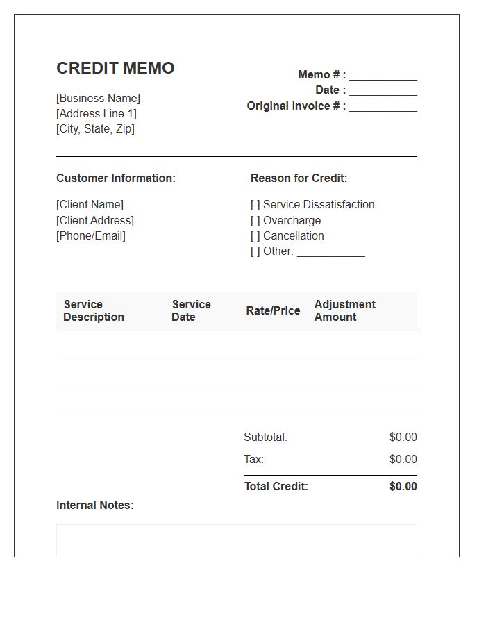 Service Industry Credit Memo Invoice Template