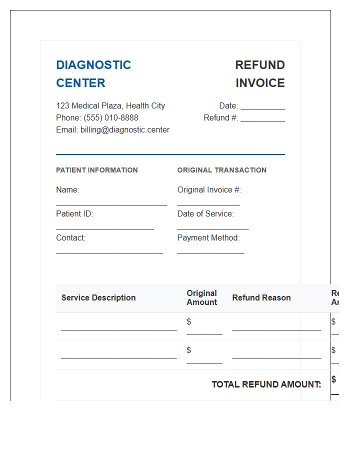 Diagnostic Center Patient Refund Invoice Template