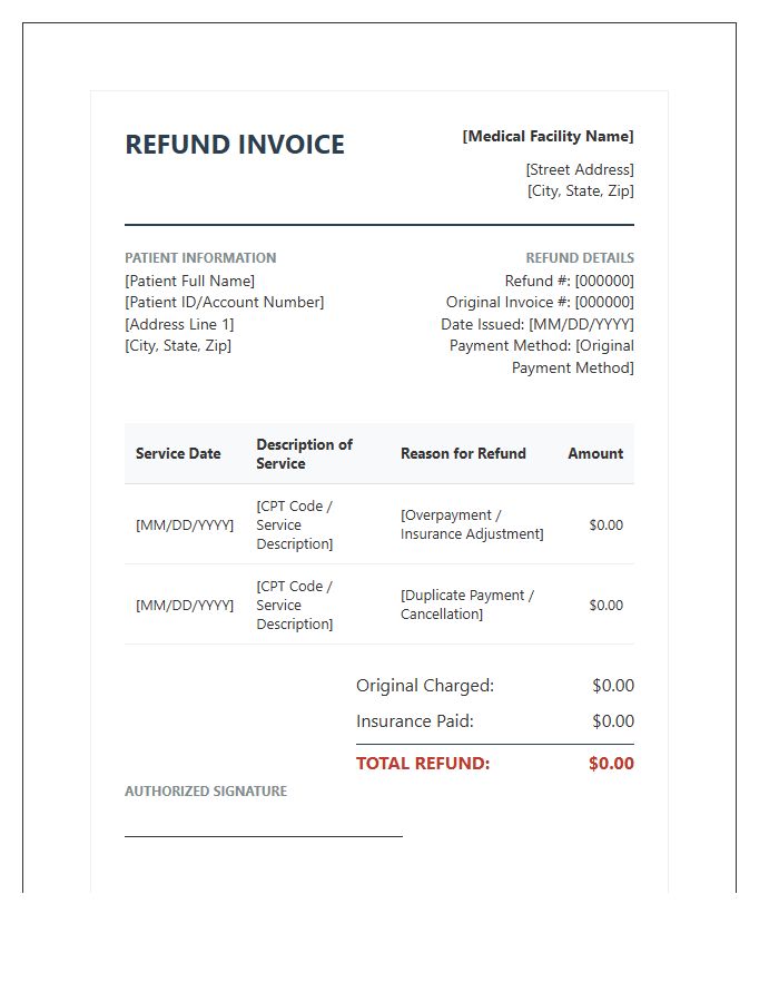 Formal Medical Billing Refund Invoice Template