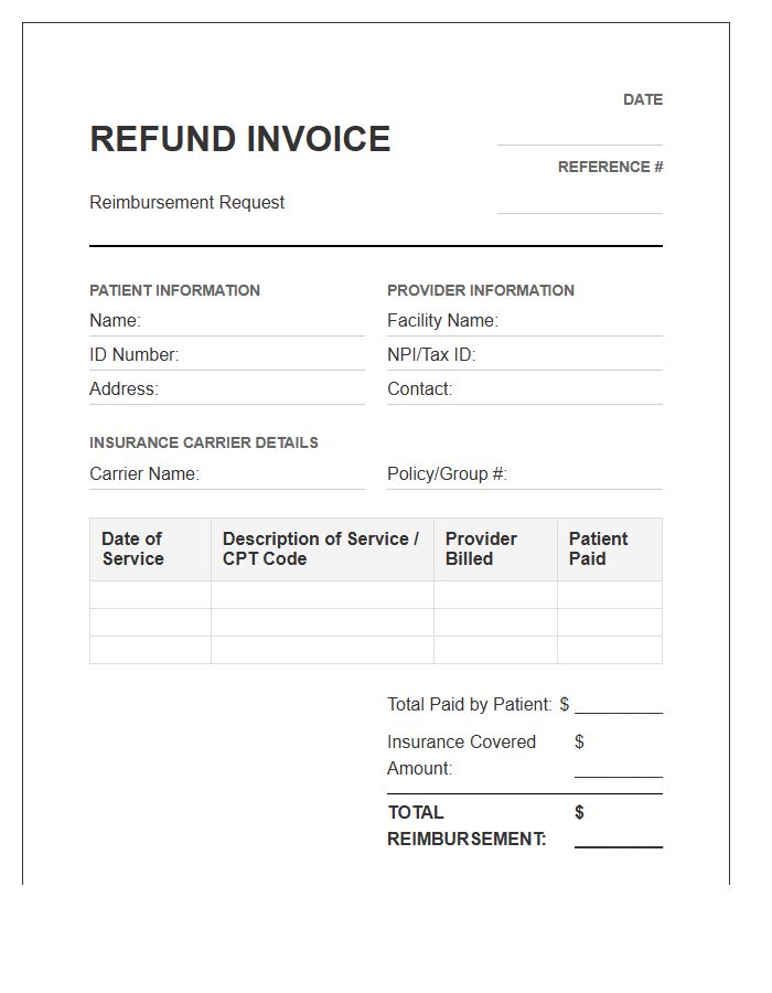 Health Insurance Patient Reimbursement Refund Invoice Template