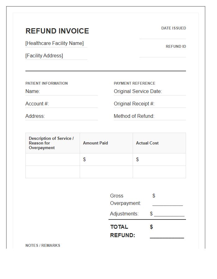 Healthcare Patient Overpayment Refund Invoice Template
