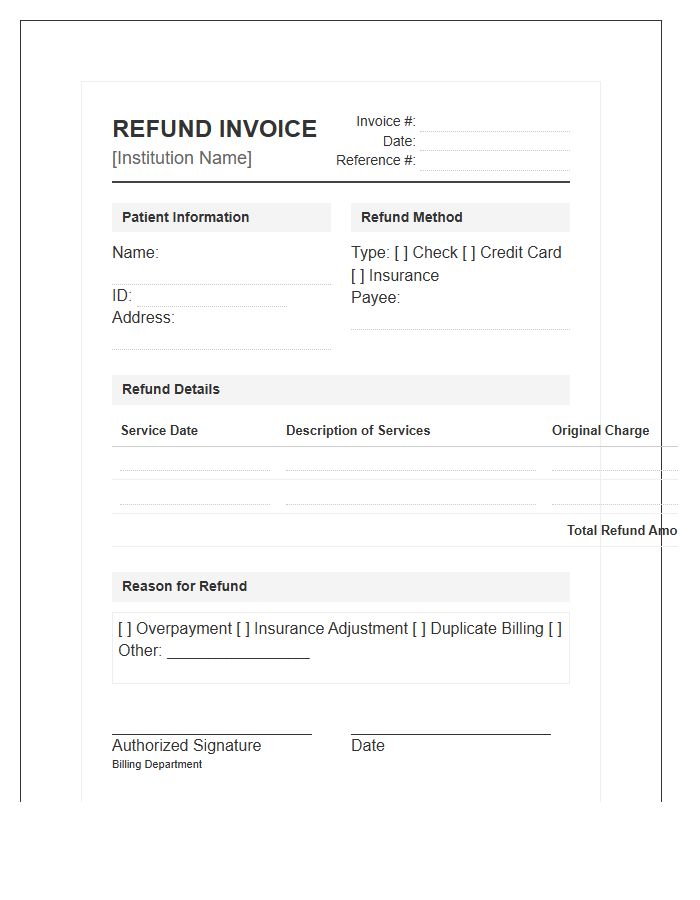 Institutional Medical Patient Refund Invoice Template