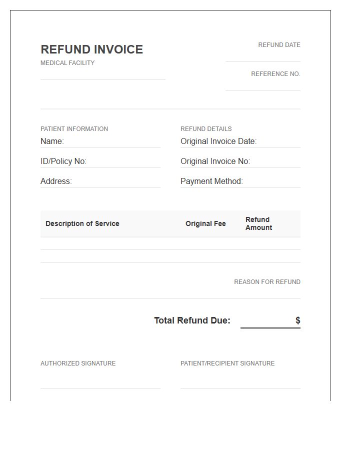 Medical Services Patient Refund Invoice Template