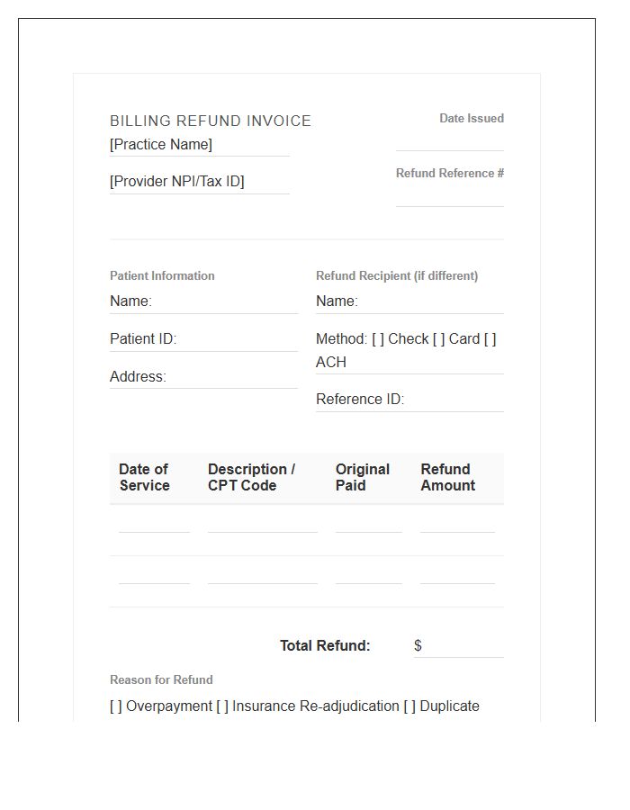 Mental Health Patient Billing Refund Invoice Template