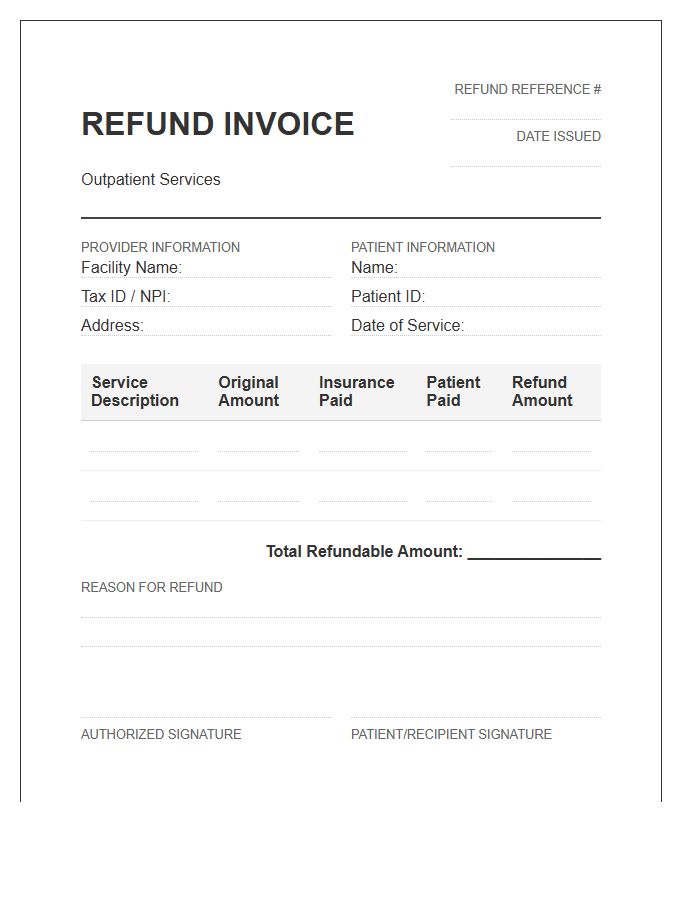 Outpatient Services Refund Invoice Template