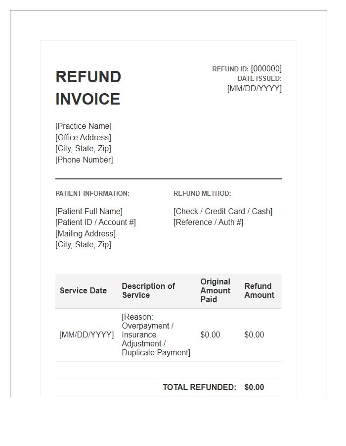 Physician Office Patient Billing Refund Invoice Template