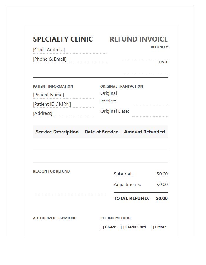 Specialty Clinic Patient Refund Invoice Template