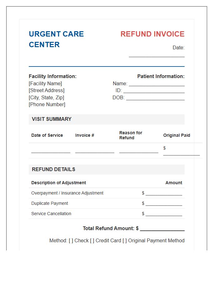 Urgent Care Patient Billing Refund Invoice Template