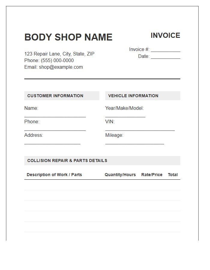 Body Shop Collision Invoice Template