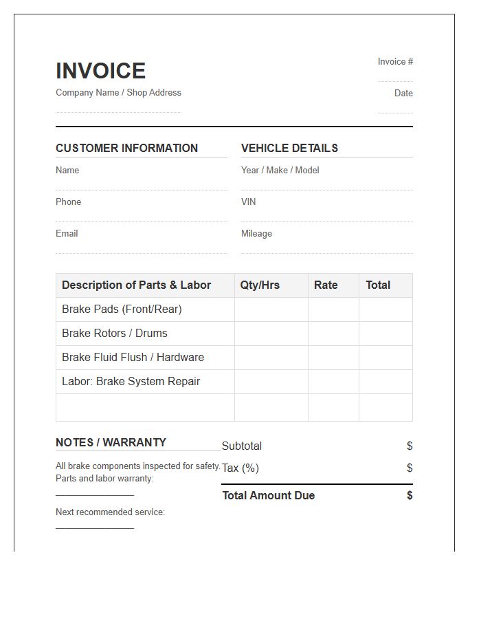 Brake System Repair Invoice Template