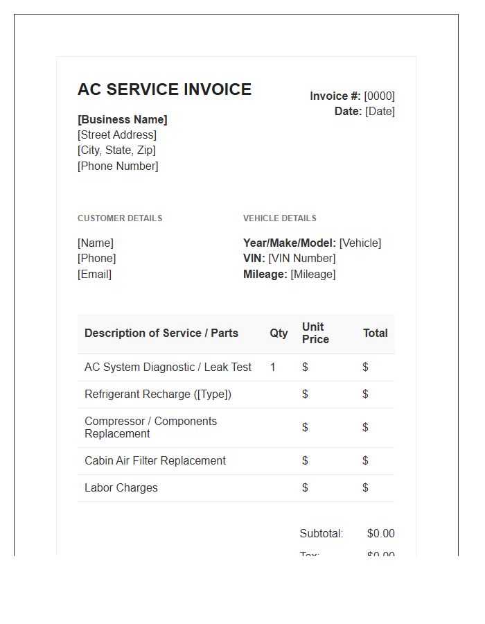 Car Air Conditioning Invoice Template