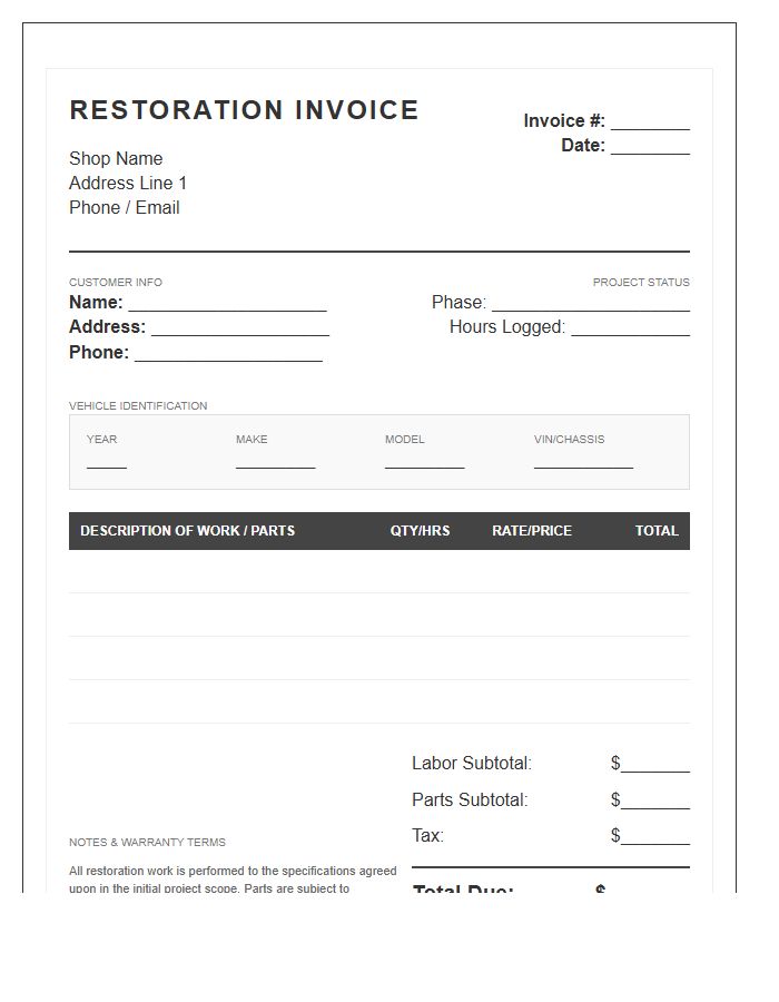 Classic Car Restoration Invoice Template