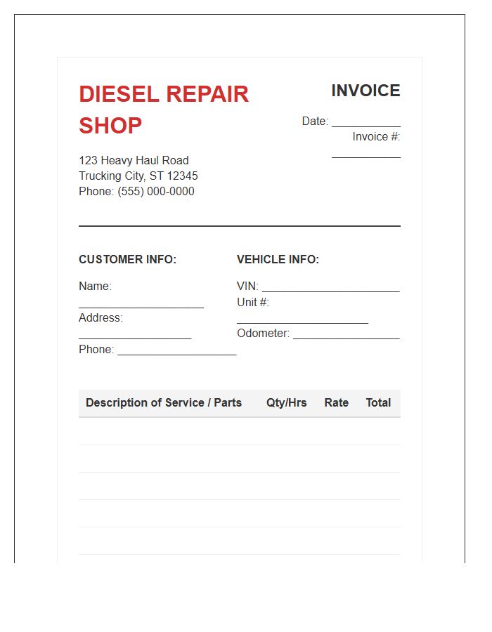 Diesel Truck Repair Invoice Template