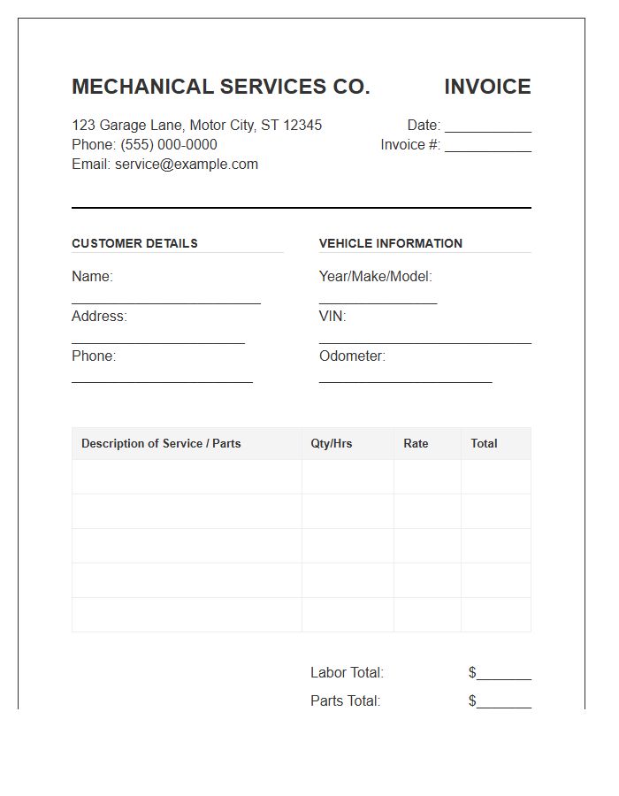 Mechanical Repair Service Invoice Template