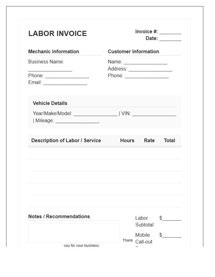 Mobile Mechanic Labor Invoice Template