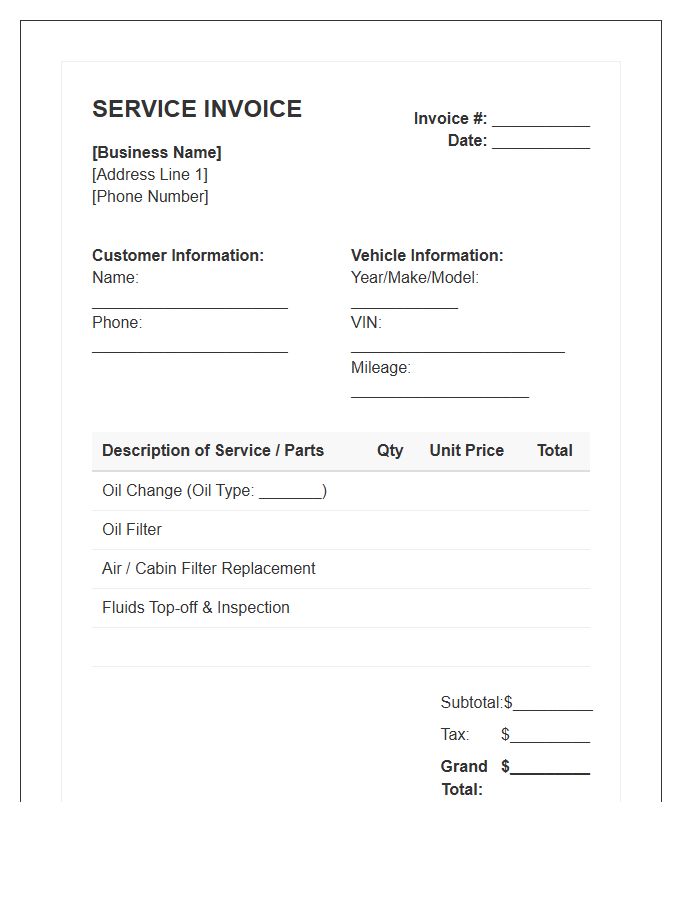 Oil Change And Maintenance Invoice Template