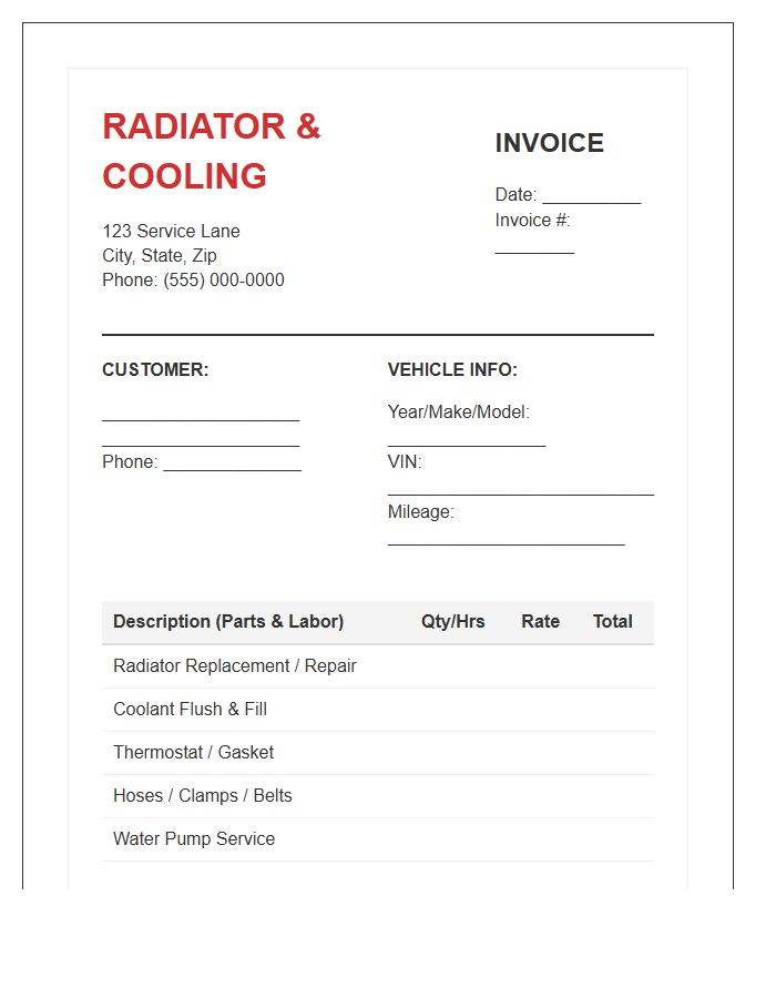 Radiator And Cooling Invoice Template