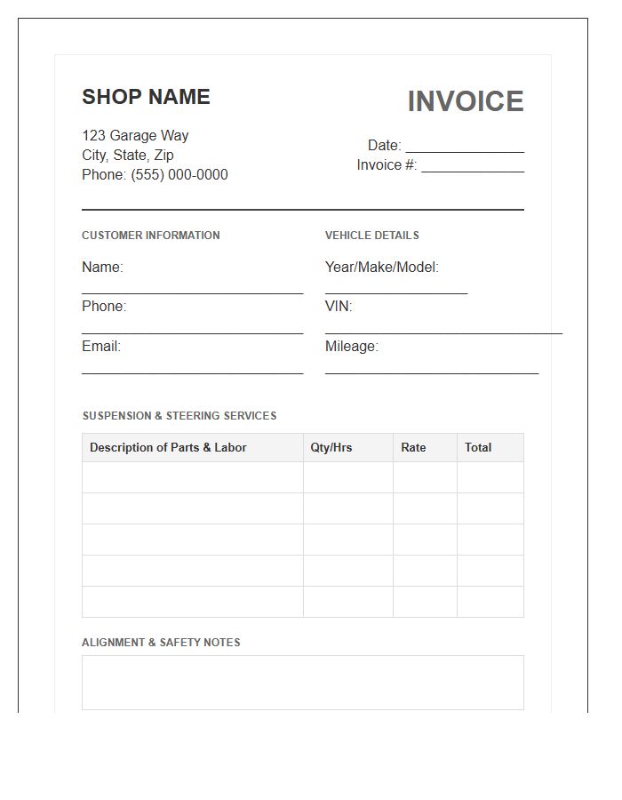Suspension And Steering Invoice Template