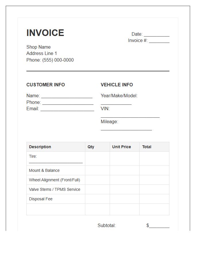 Tire And Alignment Invoice Template