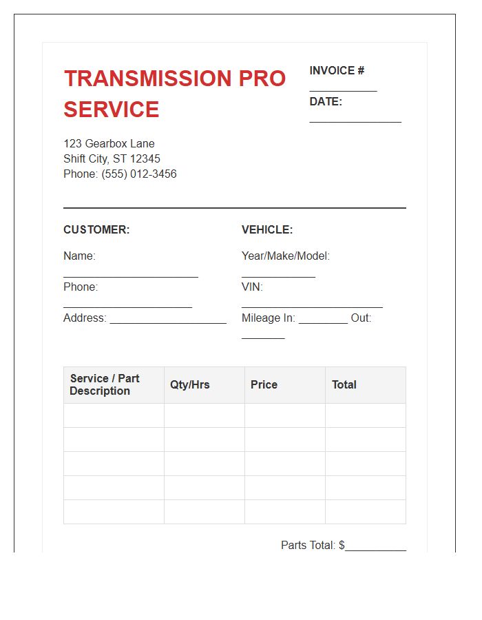 Transmission Shop Service Invoice Template