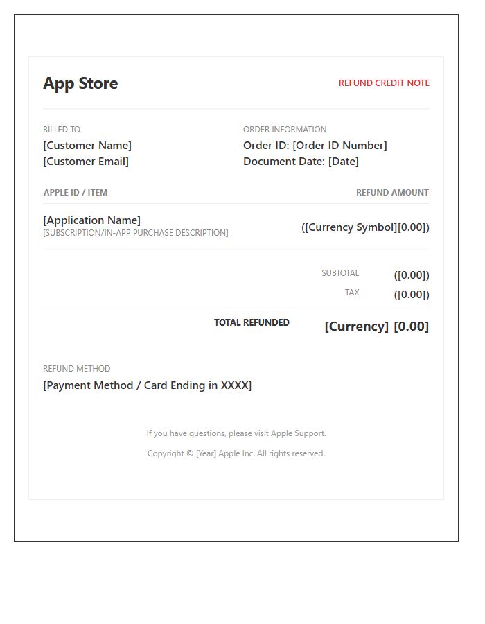 App Store Transaction Refund Invoice Template