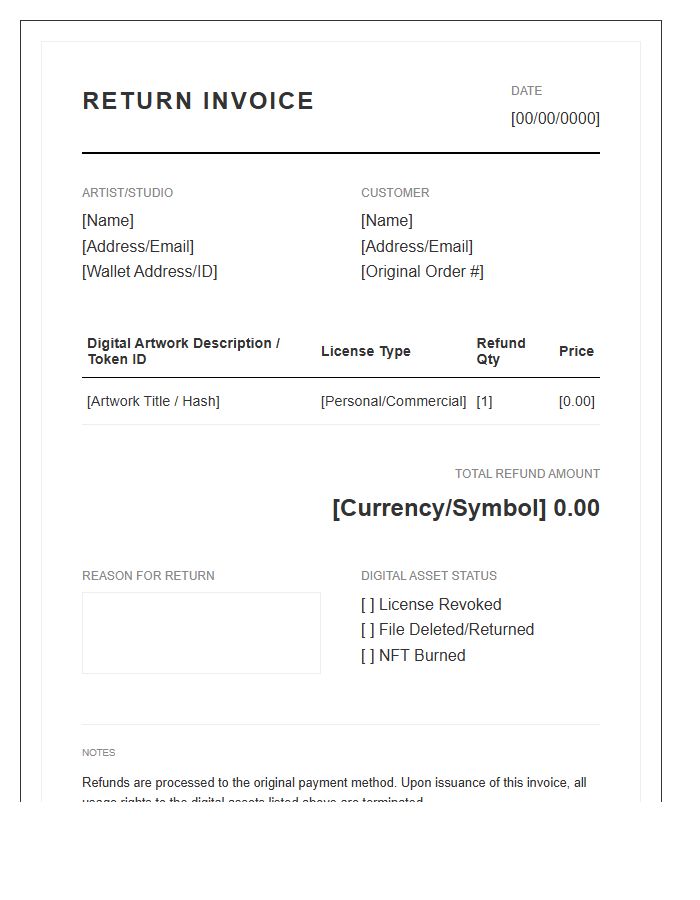 Digital Art Purchase Return Invoice Template