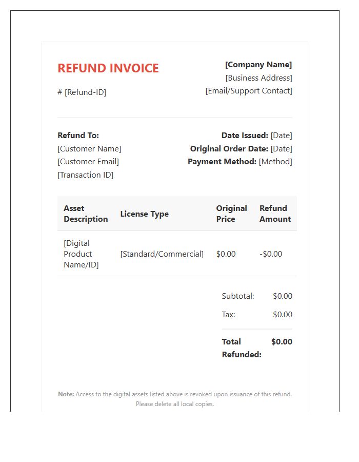 Digital Asset Purchase Refund Invoice Template