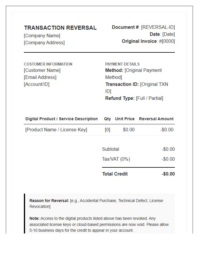 Digital Product Transaction Reversal Invoice Template