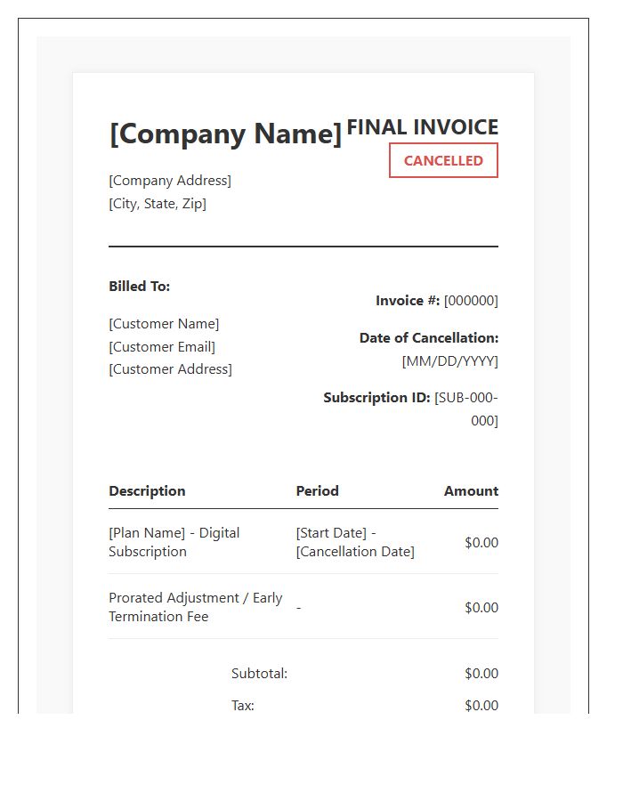 Digital Subscription Cancellation Invoice Template
