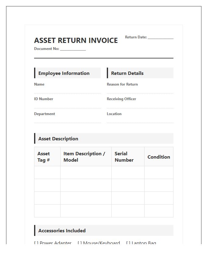 Electronic Asset Return Invoice Template