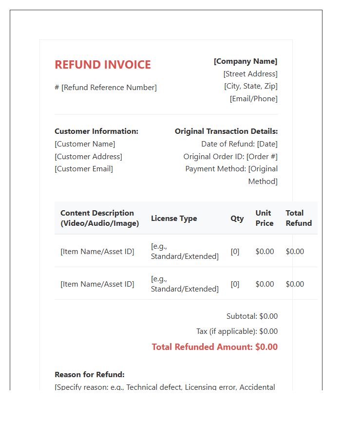 Multimedia Content Refund Invoice Template