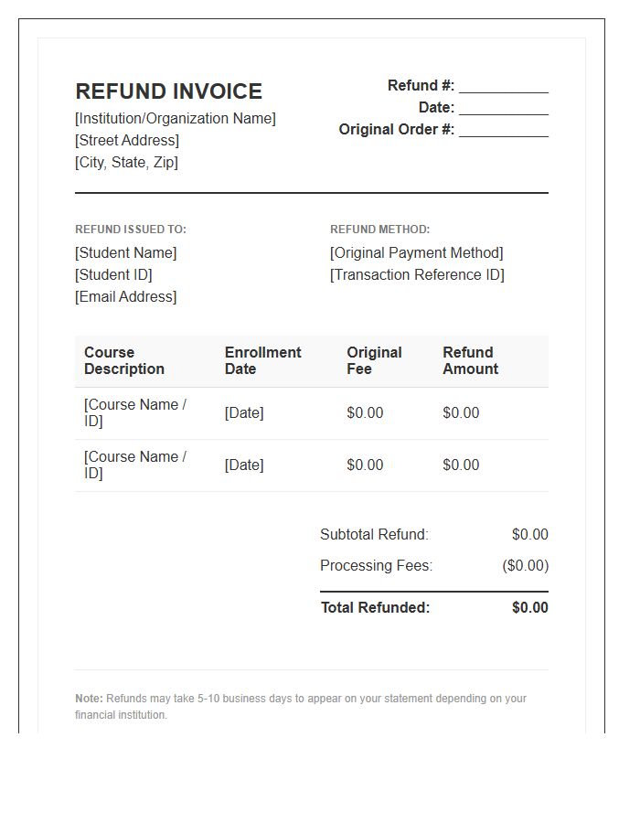 Online Course Enrollment Refund Invoice Template
