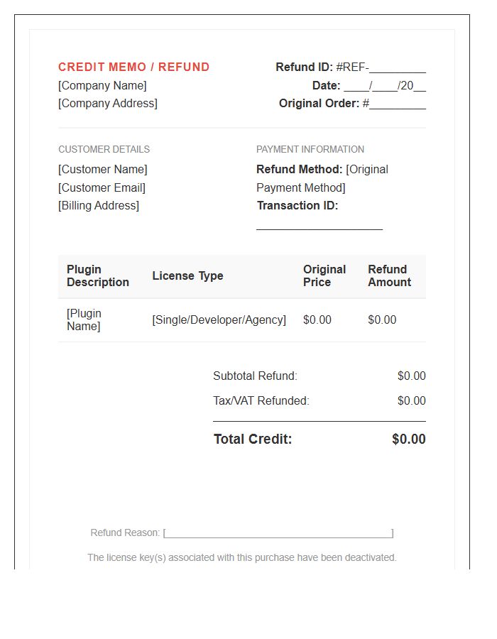 Premium Plugin Purchase Refund Invoice Template