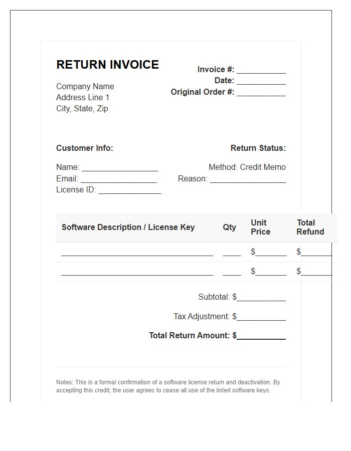 Software License Return Invoice Template