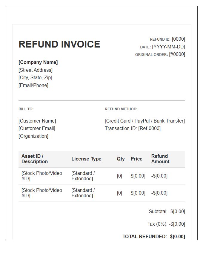 Stock Media Purchase Refund Invoice Template