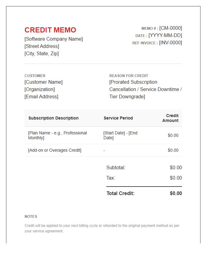 Subscription Software Credit Memo Invoice Template
