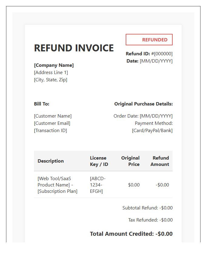 Web Tool Purchase Refund Invoice Template