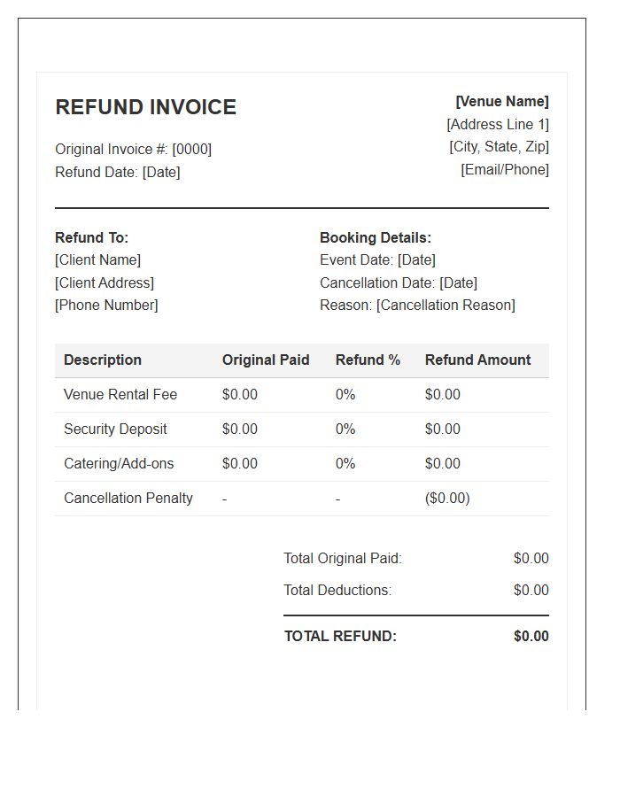Canceled Venue Booking Refund Invoice Template