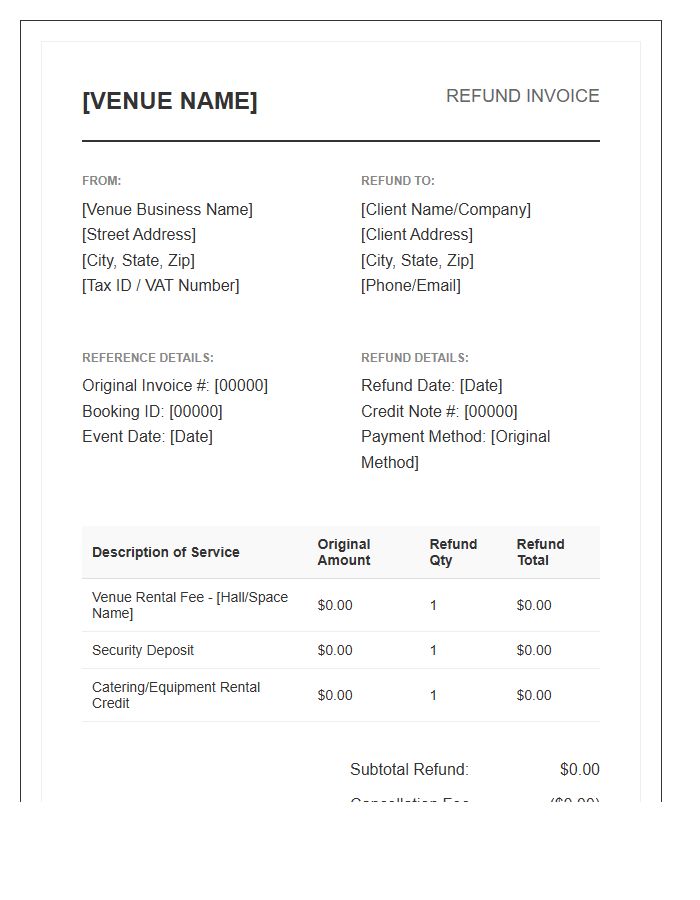 Commercial Venue Space Refund Invoice Template