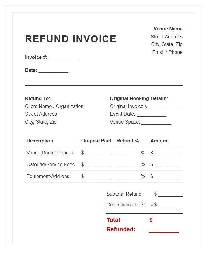 Event Venue Booking Refund Invoice Template