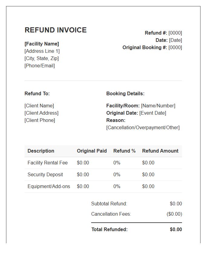 Facility Rental Booking Refund Invoice Template