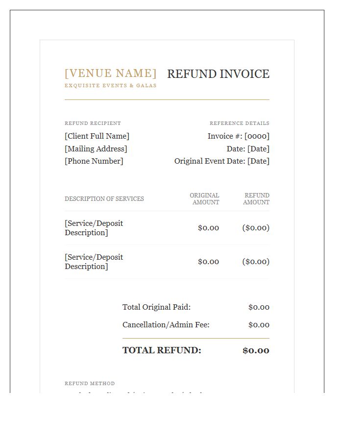 Luxury Wedding Venue Refund Invoice Template