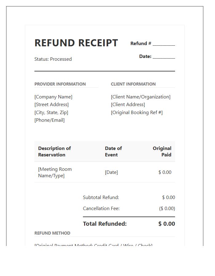 Meeting Space Reservation Refund Invoice Template