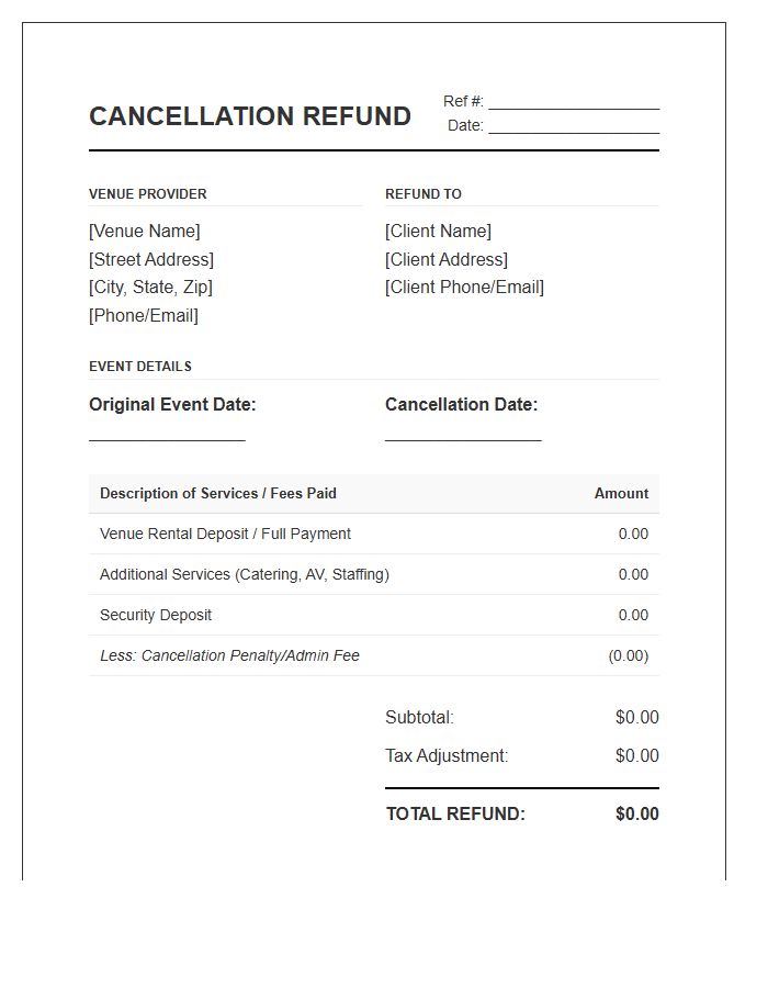 Official Venue Cancellation Refund Invoice Template