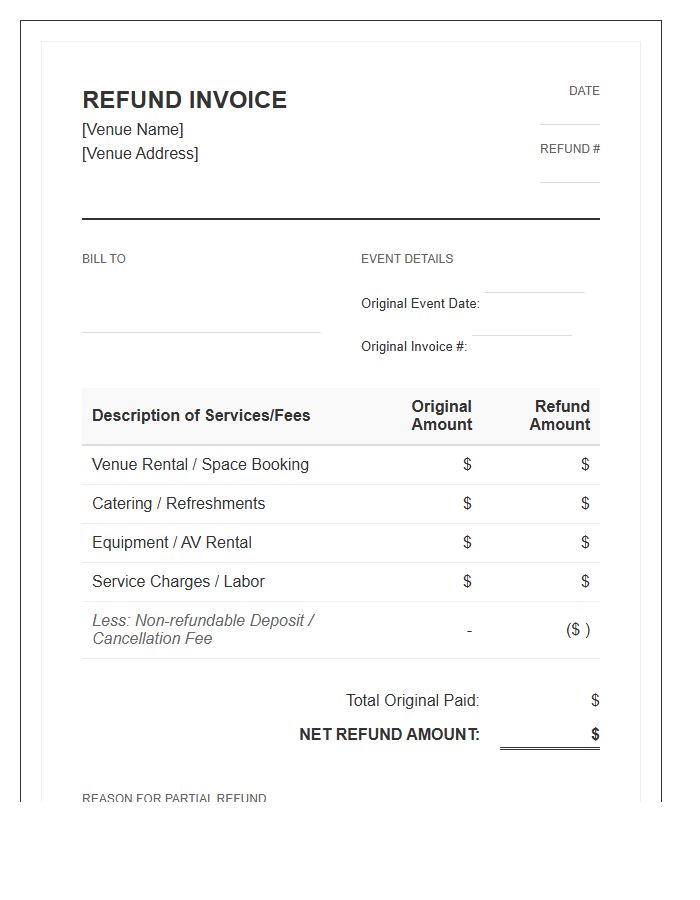 Partial Event Venue Refund Invoice Template