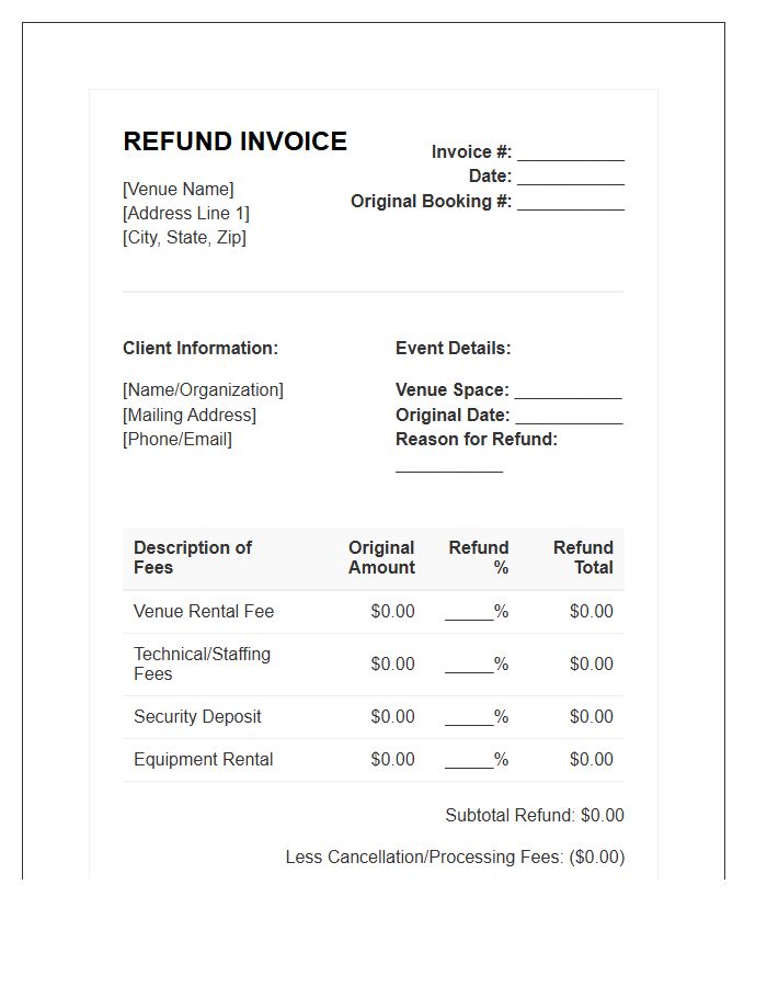 Performance Venue Rental Refund Invoice Template