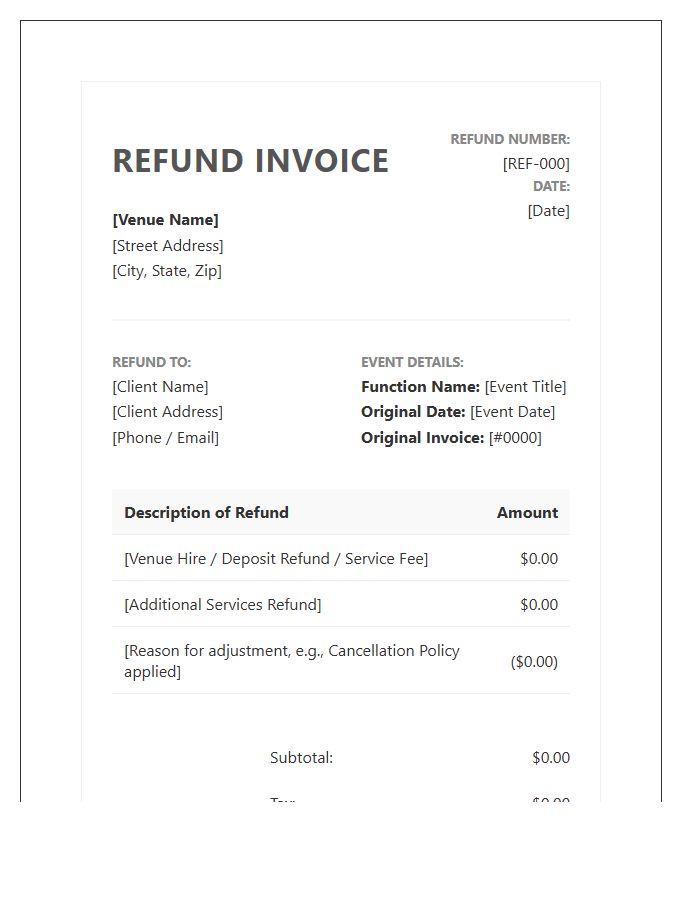 Private Function Venue Refund Invoice Template